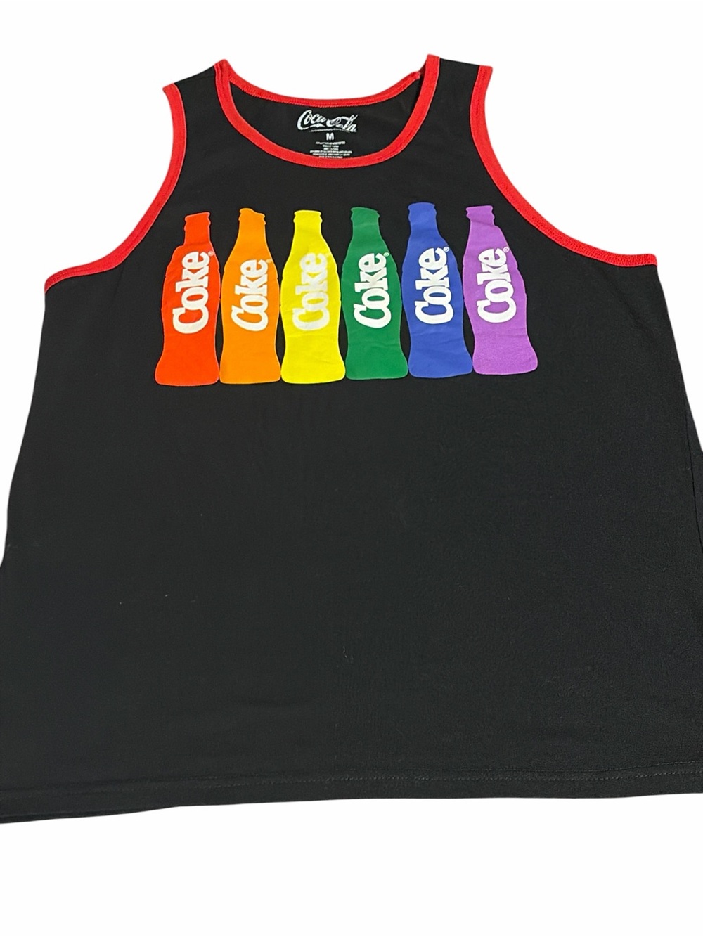 Coca Cola Black Tank with Rainbow Bottle Print and Red Trim